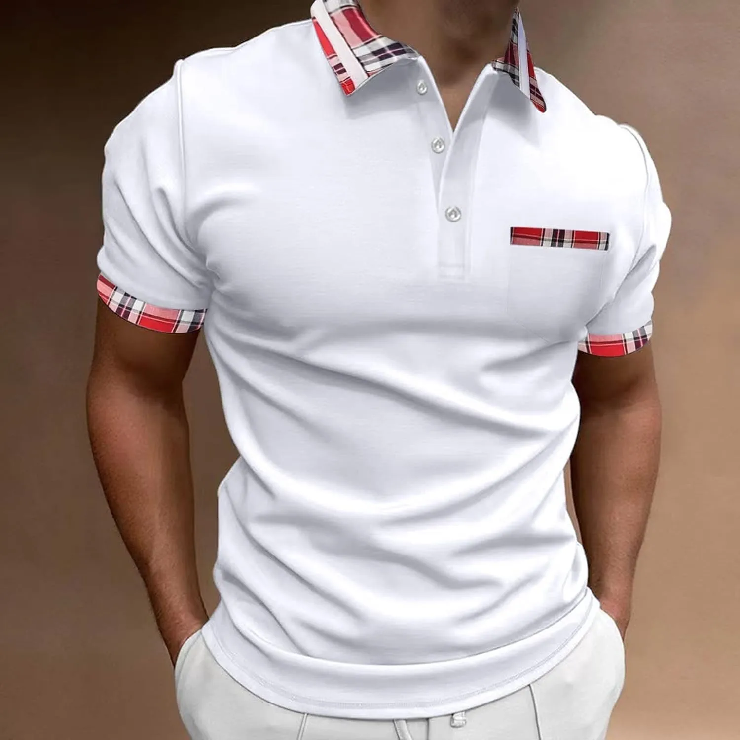 Men's Golf Polo Shirts Fashion Checked Collared Dressy Smart T-Shirts Quick Dry Performance Pique Jersey Shirt Top