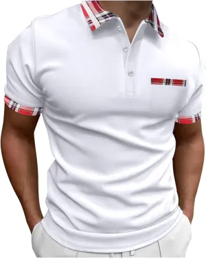 Men's Golf Polo Shirts Fashion Checked Collared Dressy Smart T-Shirts Quick Dry Performance Pique Jersey Shirt Top