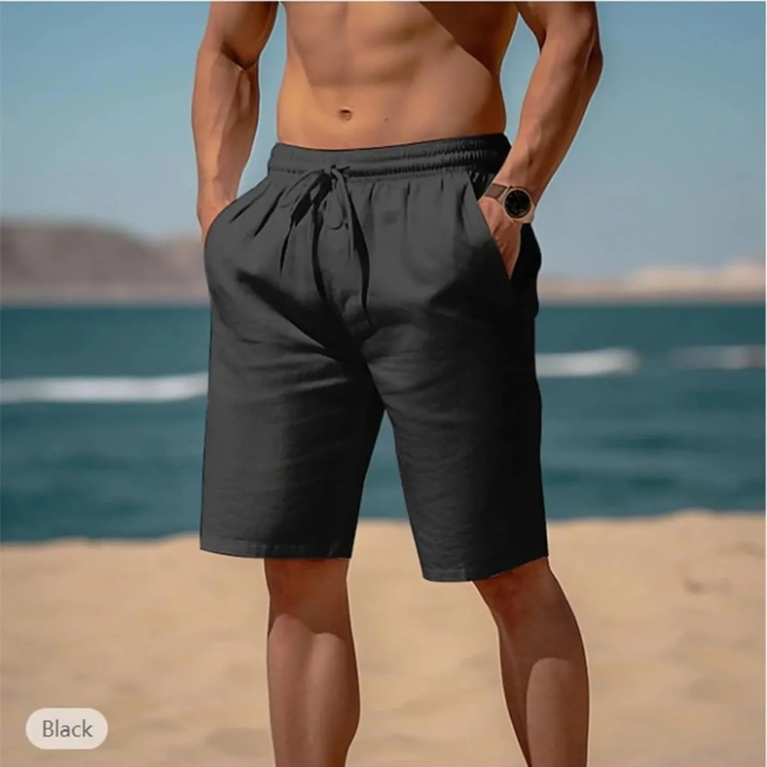 Men's Linen Shorts Casual Elastic Waist Drawstring 2025 Summer Beach Shorts