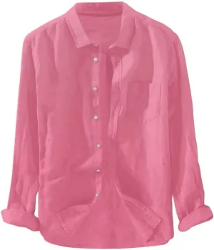 Mens Long Sleeve Linen Shirts Button Down Cotton Linen Blouses Summer Solid Beach Tee Henley Shirts