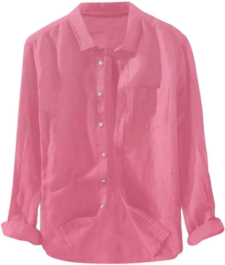Mens Long Sleeve Linen Shirts Button Down Cotton Linen Blouses Summer Solid Beach Tee Henley Shirts