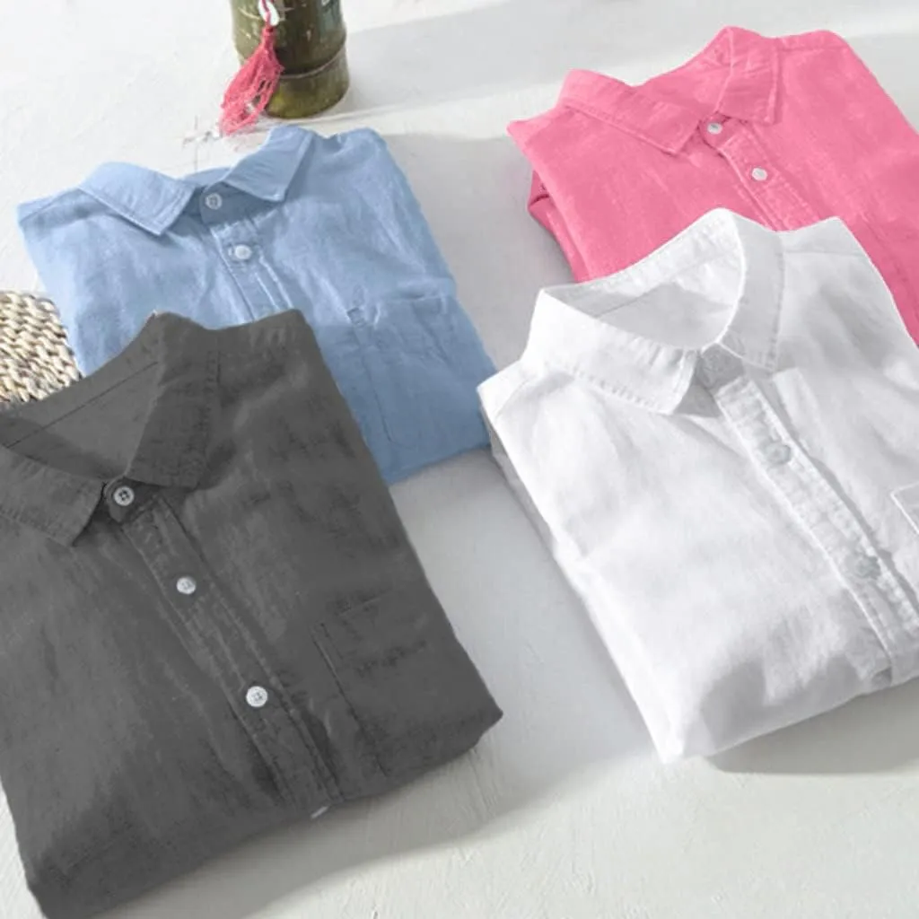 Mens Long Sleeve Linen Shirts Button Down Cotton Linen Blouses Summer Solid Beach Tee Henley Shirts