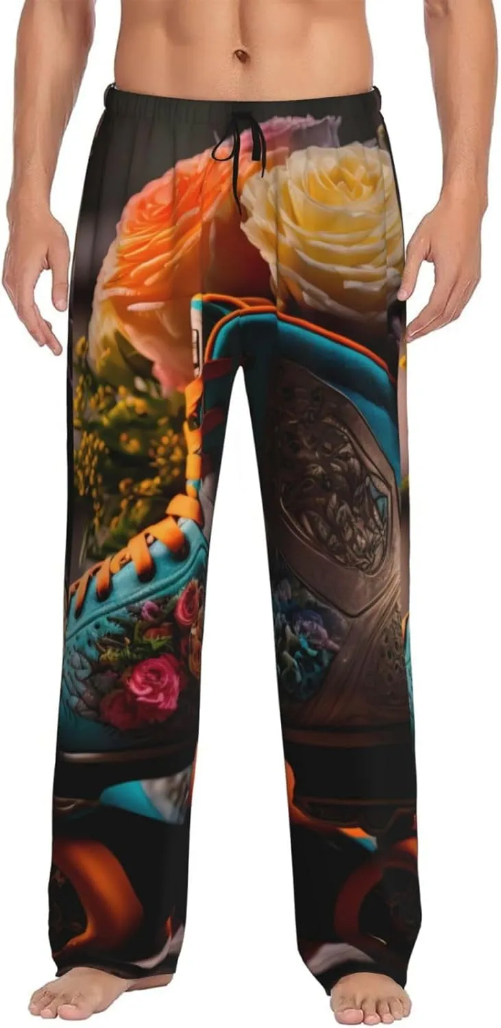 Mens Pajama Pants Bottoms With Pockets- Classic Floral Blue Skate Shoes Soft Men Lounge Pants, Comfy Mens Pj Pants
