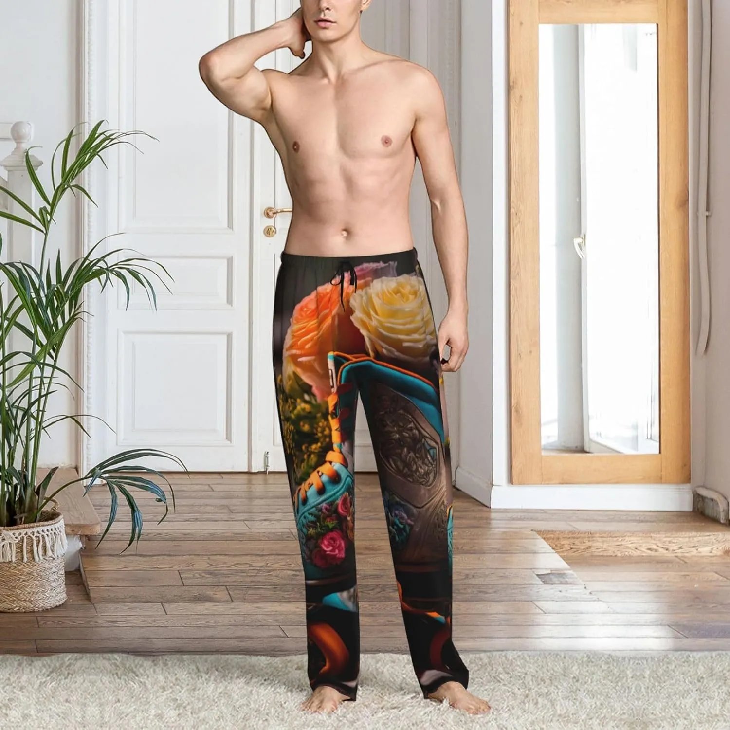 Mens Pajama Pants Bottoms With Pockets- Classic Floral Blue Skate Shoes Soft Men Lounge Pants, Comfy Mens Pj Pants