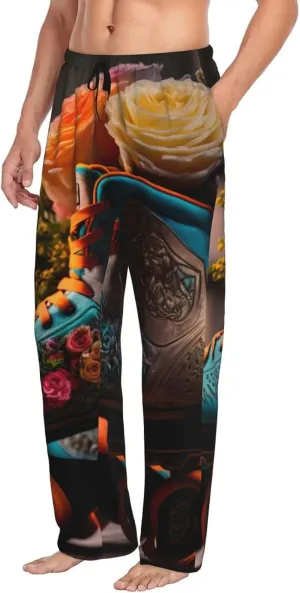 Mens Pajama Pants Bottoms With Pockets- Classic Floral Blue Skate Shoes Soft Men Lounge Pants, Comfy Mens Pj Pants