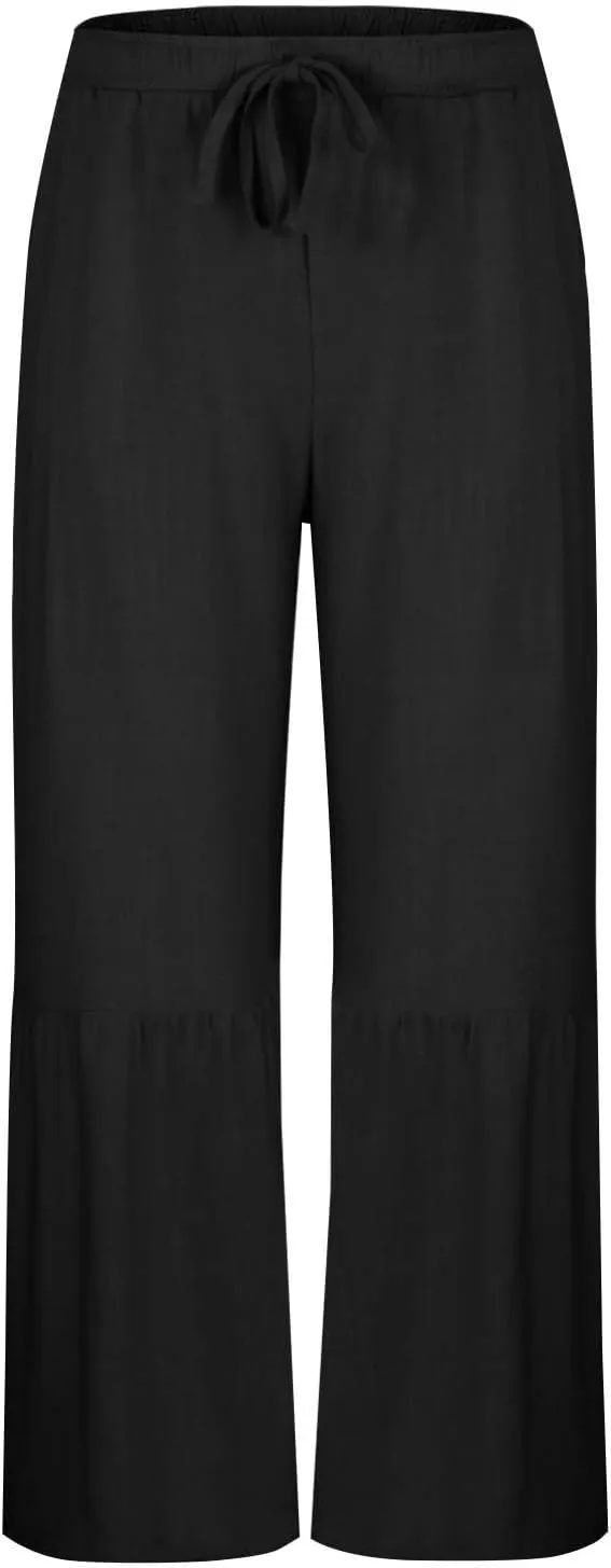 Men's Plus Size Linen Wide Leg Pants Casual Solid Loose Drawstring Waist Trouser Summer Ruffle Hem Beach Flowy Pants