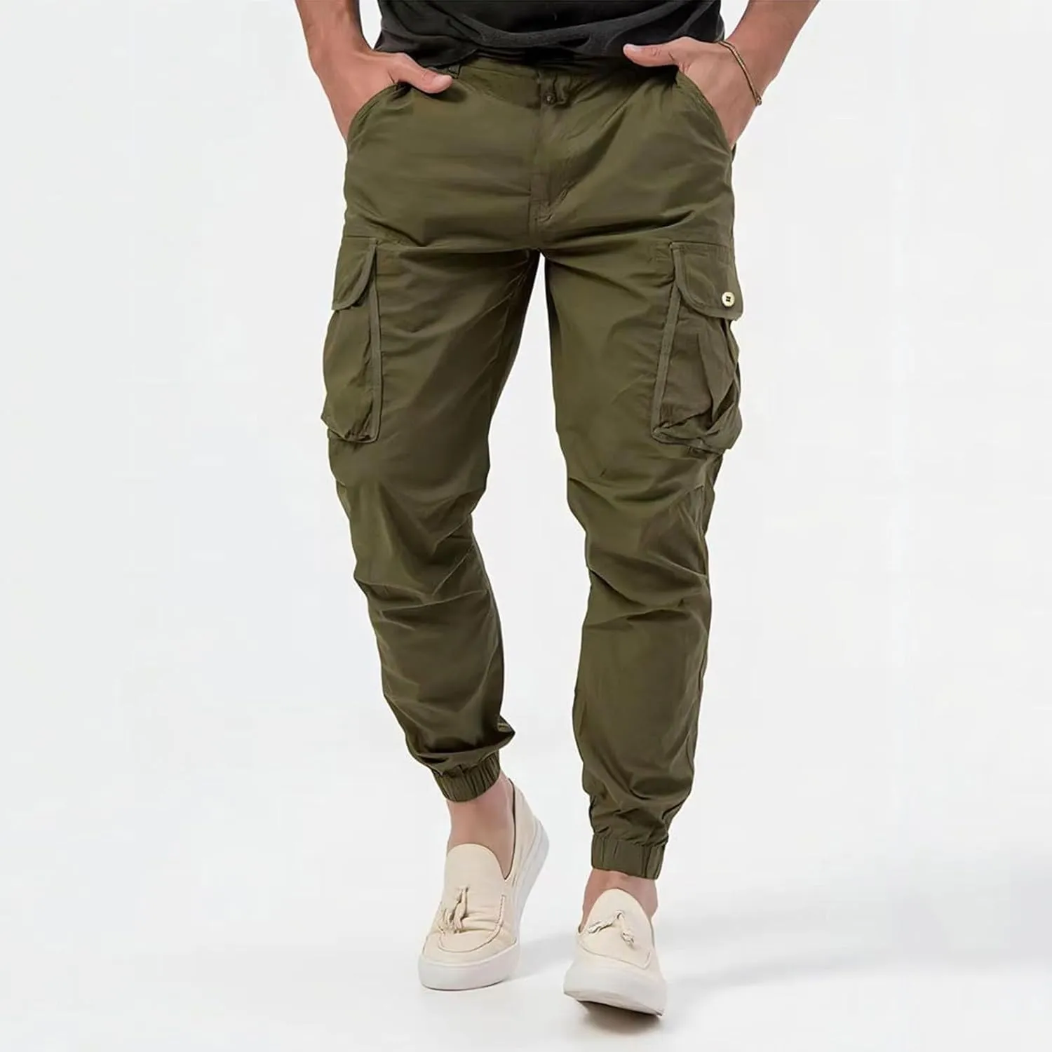 Mens Resort Wear 2025 Polyester Joggers Pant Casual Cargo Pants Drawstring Loose Elastic Waist Baggy Tapered Sweatpants