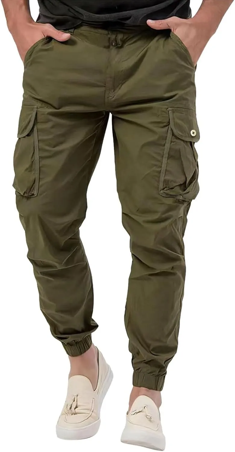 Mens Resort Wear 2025 Polyester Joggers Pant Casual Cargo Pants Drawstring Loose Elastic Waist Baggy Tapered Sweatpants
