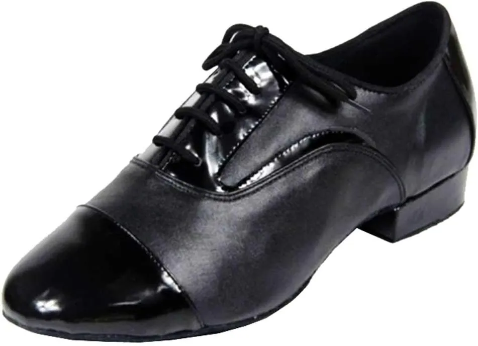 Mens Soft Leather Jazz Shoes Modern Latin Lace-up Closed Toe 4CM Standard Dance Shoes, Black, 9