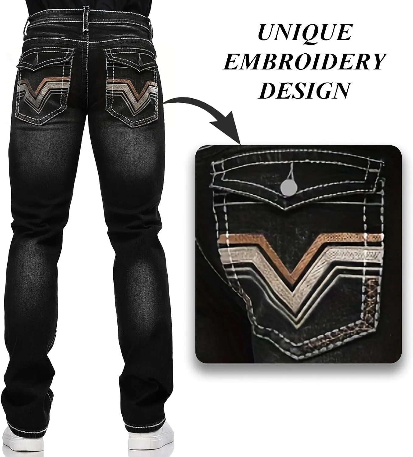 Men's Stretch Denim Jeans Classic Jeans with Embroidered Design, ESDVD Street Style Regular Jeans Relaxed Fit Pants Comfy