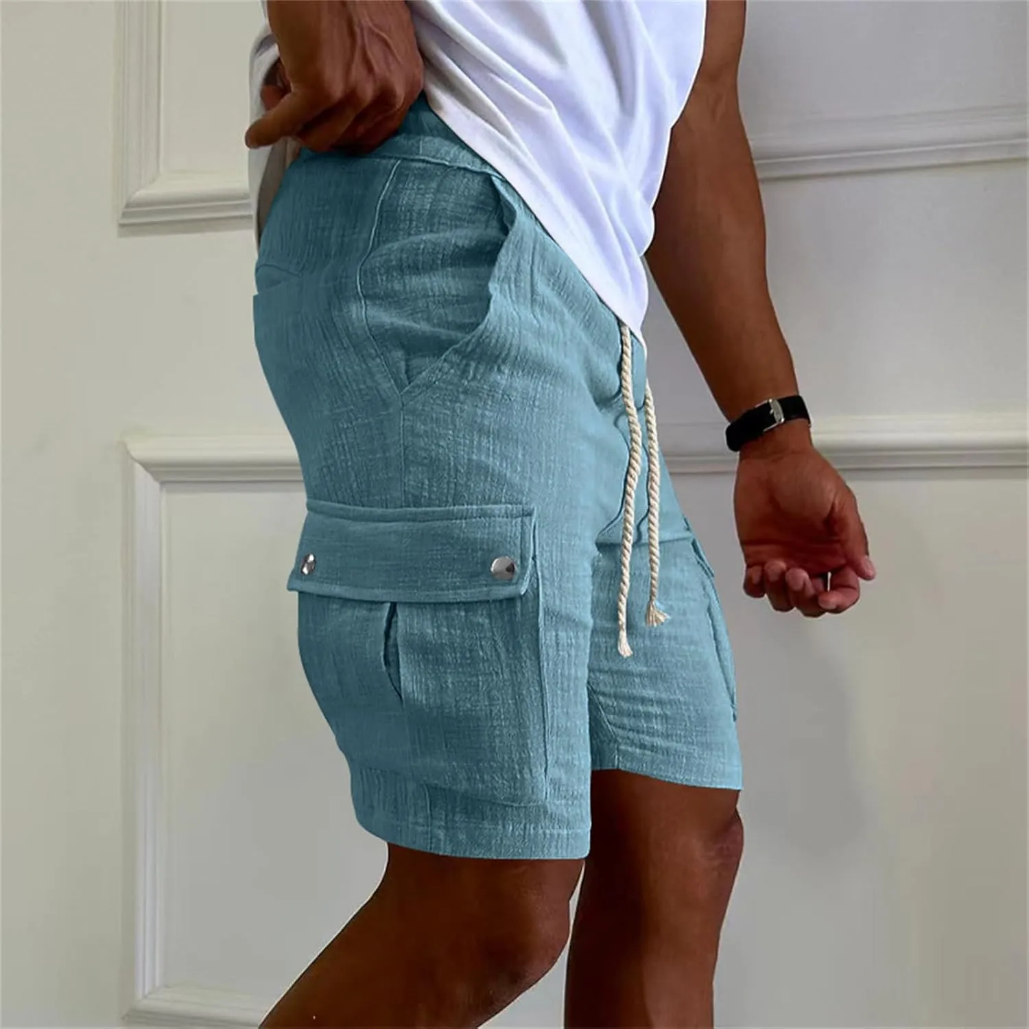 Men's Summer Cargo Shorts Slim Fit Texture Shorts Drawstring Stretchy Thin Pants Fashion Vacation Pants with Pockets
