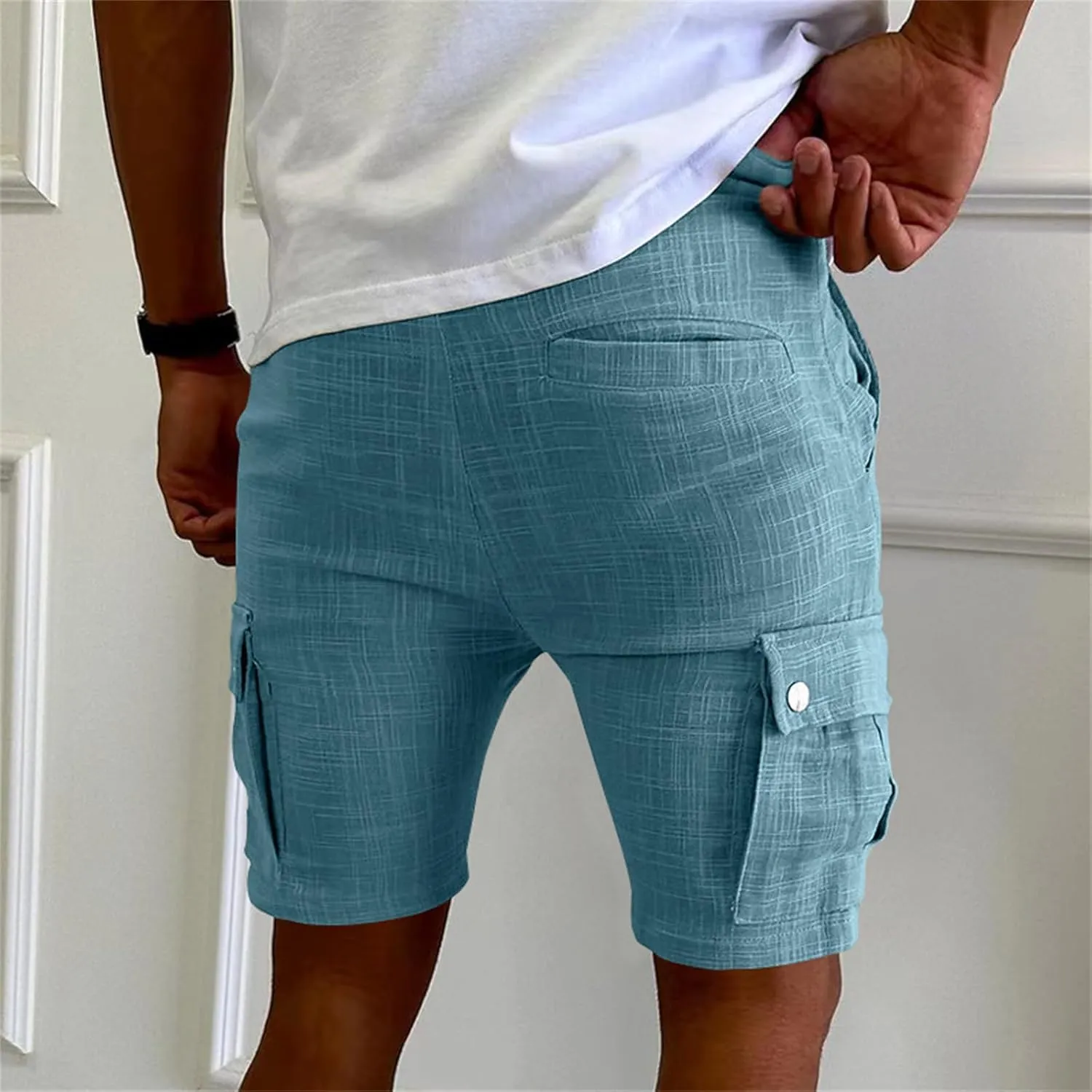 Men's Summer Cargo Shorts Slim Fit Texture Shorts Drawstring Stretchy Thin Pants Fashion Vacation Pants with Pockets