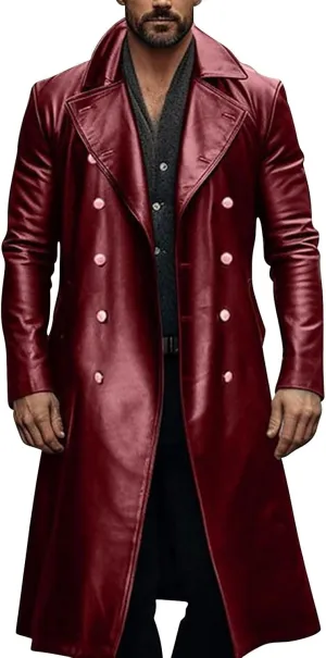 Men's Vintage Medieval PU Leather Long Trench Coats Notch Lapel Long Sleeve Double Breasted Windbreaker Jackets
