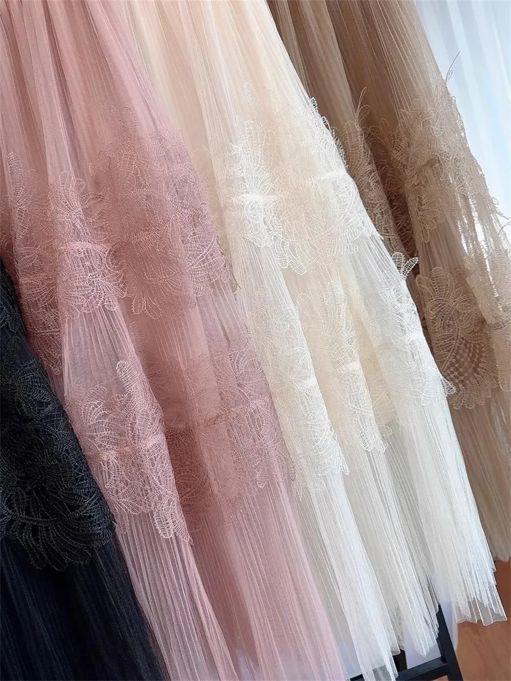 Midi Long Tiered Lace Tulle Skirt for Women A Line High Waist Pleated Mid-Length Mesh Skirt Female