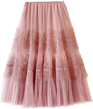 Midi Long Tiered Lace Tulle Skirt for Women A Line High Waist Pleated Mid-Length Mesh Skirt Female