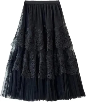 Midi Long Tiered Lace Tulle Skirt for Women A Line High Waist Pleated Mid-Length Mesh Skirt Female