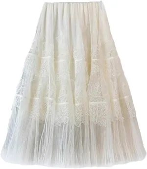 Midi Long Tiered Lace Tulle Skirt for Women A Line High Waist Pleated Mid-Length Mesh Skirt Female