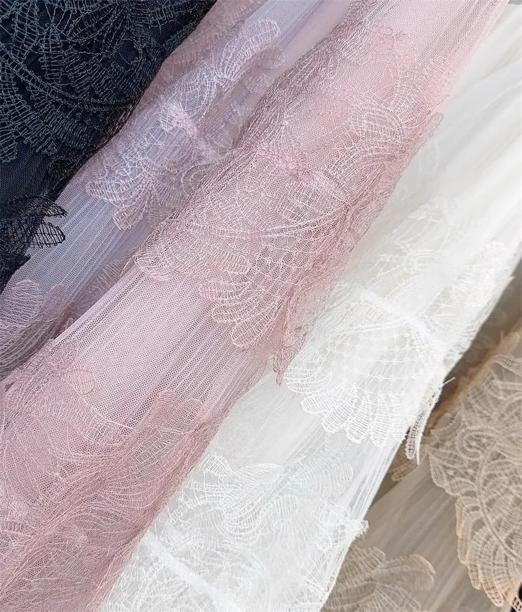 Midi Long Tiered Lace Tulle Skirt for Women A Line High Waist Pleated Mid-Length Mesh Skirt Female