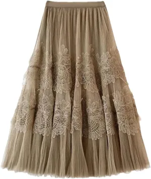 Midi Long Tiered Lace Tulle Skirt for Women A Line High Waist Pleated Mid-Length Mesh Skirt Female