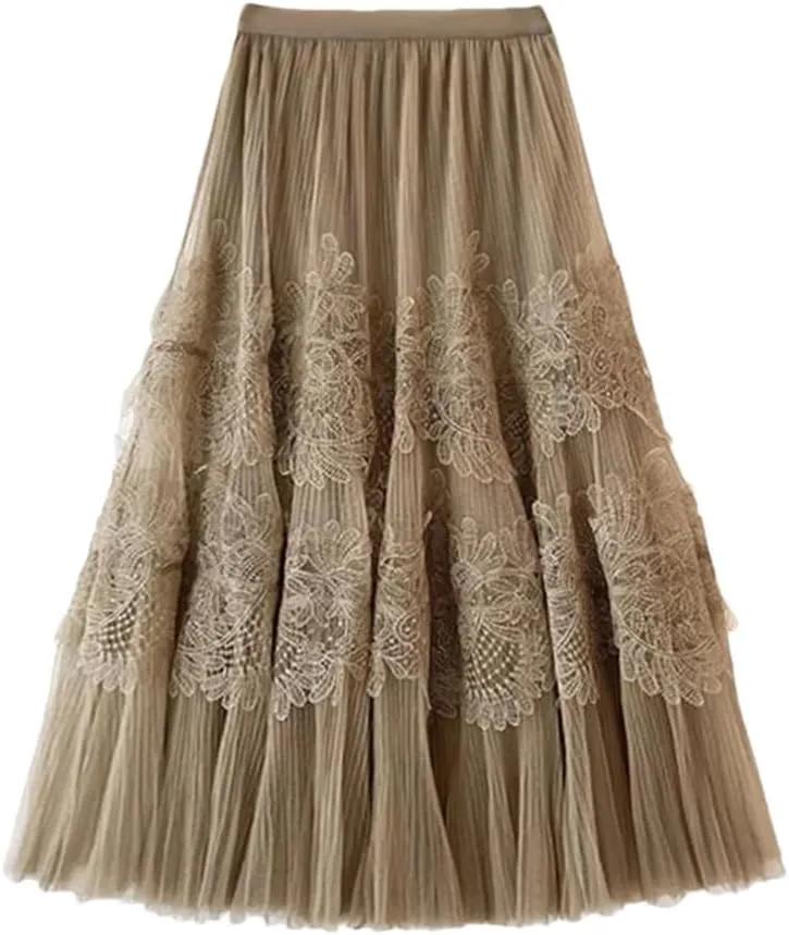 Midi Long Tiered Lace Tulle Skirt for Women A Line High Waist Pleated Mid-Length Mesh Skirt Female