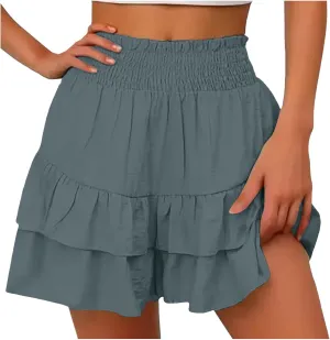 Mini Skirts for Women Summer High Waisted Ruffle Tiered Skorts Boho Flowy Linen Mini Skirts Beach Vacation Skirt