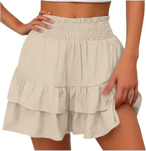 Mini Skirts for Women Summer High Waisted Ruffle Tiered Skorts Boho Flowy Linen Mini Skirts Beach Vacation Skirt
