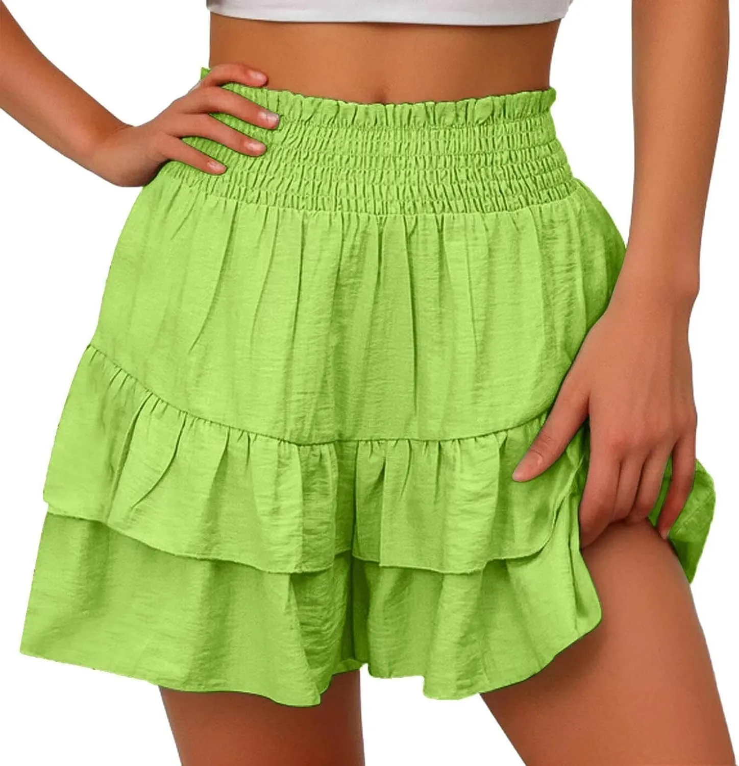 Mini Skirts for Women Summer High Waisted Ruffle Tiered Skorts Boho Flowy Linen Mini Skirts Beach Vacation Skirt