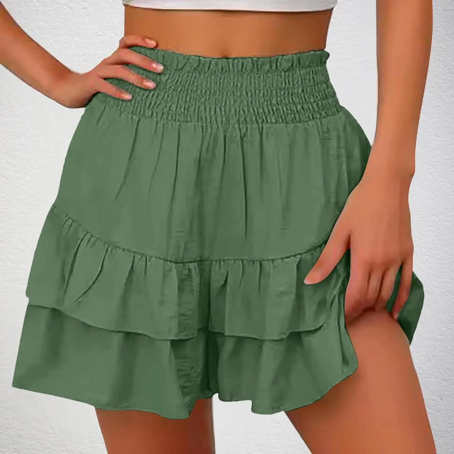 Mini Skirts for Women Summer High Waisted Ruffle Tiered Skorts Boho Flowy Linen Mini Skirts Beach Vacation Skirt