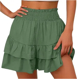 Mini Skirts for Women Summer High Waisted Ruffle Tiered Skorts Boho Flowy Linen Mini Skirts Beach Vacation Skirt