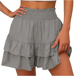 Mini Skirts for Women Summer High Waisted Ruffle Tiered Skorts Boho Flowy Linen Mini Skirts Beach Vacation Skirt