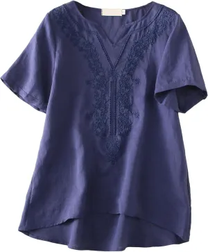 Minibee Women's Linen Shirts Summer Boho Tops Cotton Blouse V Neck Short Sleeve Embroidered Tunic