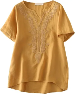Minibee Women's Linen Shirts Summer Boho Tops Cotton Blouse V Neck Short Sleeve Embroidered Tunic