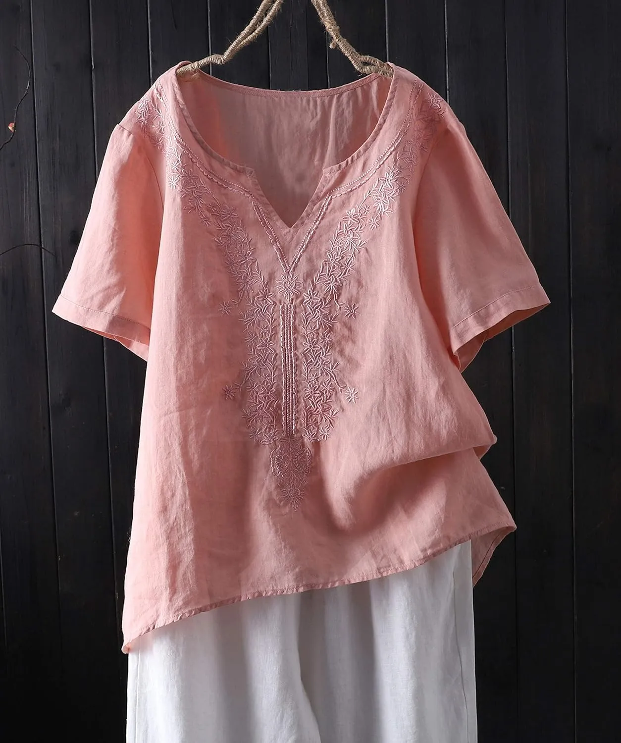 Minibee Women's Linen Shirts Summer Boho Tops Cotton Blouse V Neck Short Sleeve Embroidered Tunic