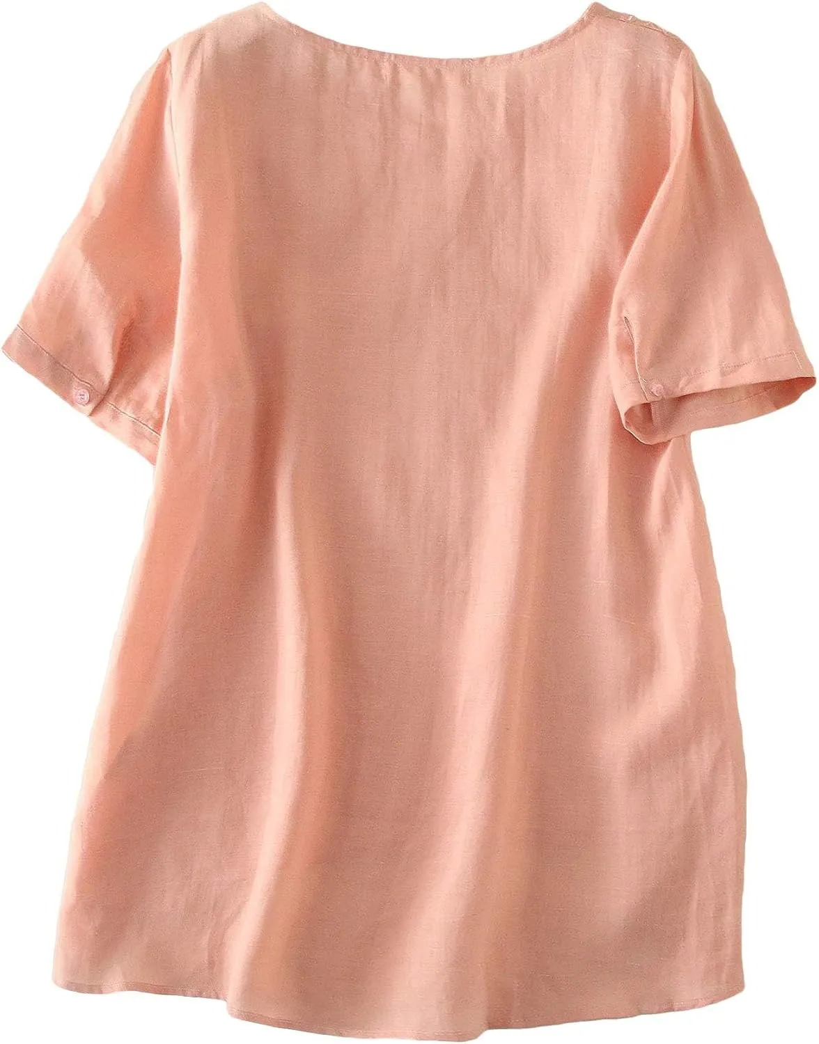 Minibee Women's Linen Shirts Summer Boho Tops Cotton Blouse V Neck Short Sleeve Embroidered Tunic