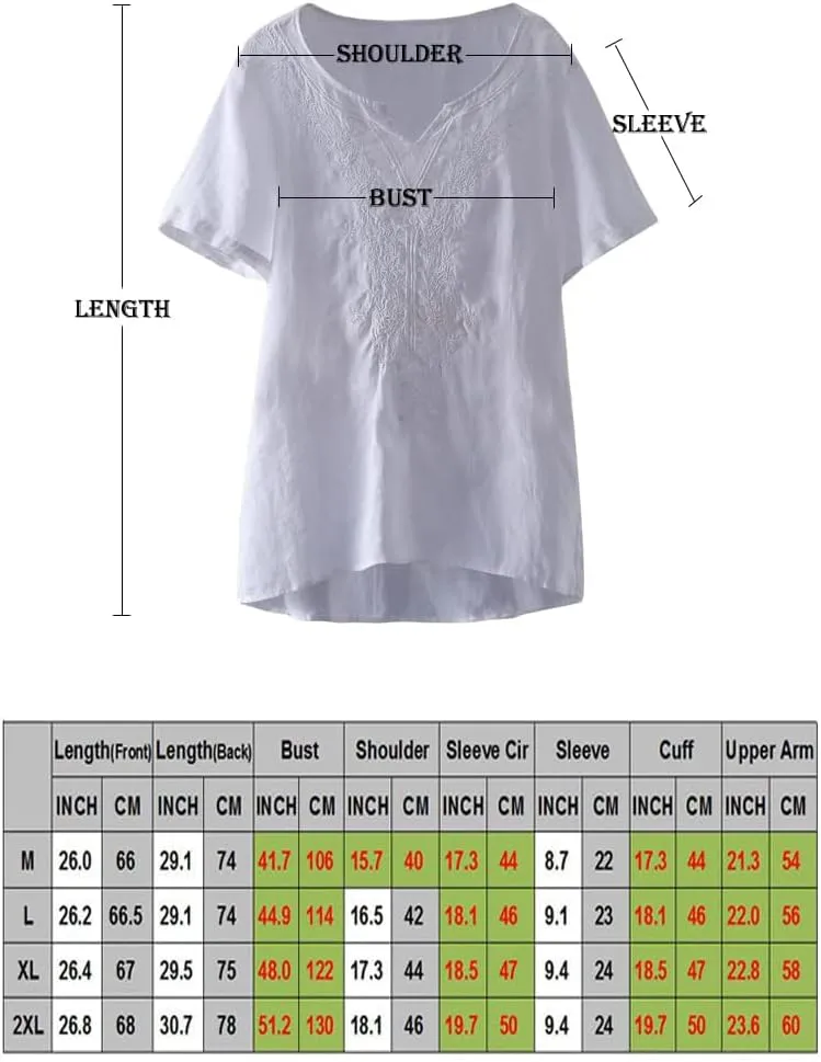 Minibee Women's Linen Shirts Summer Boho Tops Cotton Blouse V Neck Short Sleeve Embroidered Tunic