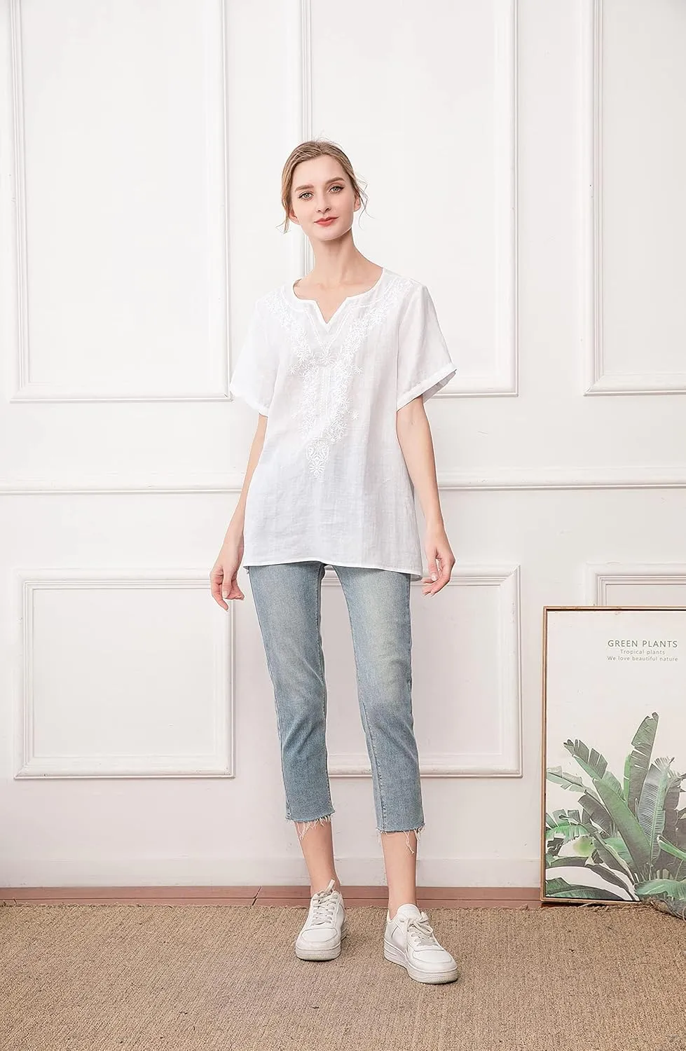 Minibee Women's Linen Shirts Summer Boho Tops Cotton Blouse V Neck Short Sleeve Embroidered Tunic