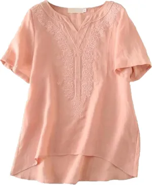 Minibee Women's Linen Shirts Summer Boho Tops Cotton Blouse V Neck Short Sleeve Embroidered Tunic