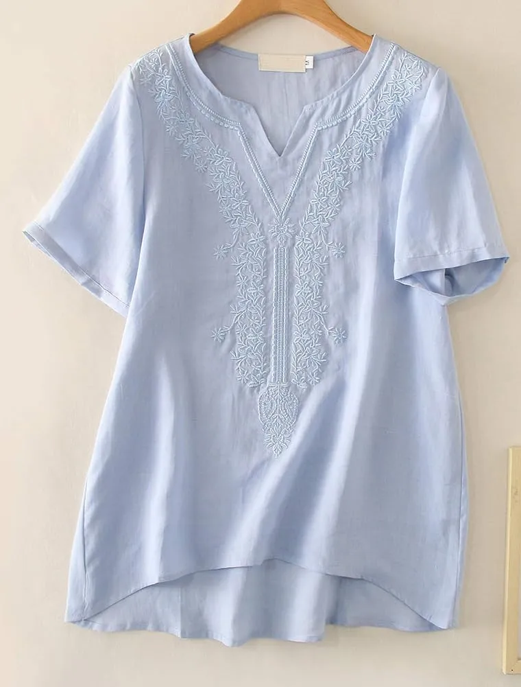 Minibee Women's Linen Shirts Summer Boho Tops Cotton Blouse V Neck Short Sleeve Embroidered Tunic