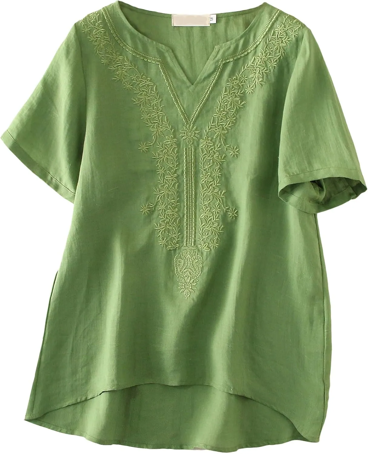 Minibee Women's Linen Shirts Summer Boho Tops Cotton Blouse V Neck Short Sleeve Embroidered Tunic
