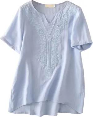 Minibee Women's Linen Shirts Summer Boho Tops Cotton Blouse V Neck Short Sleeve Embroidered Tunic