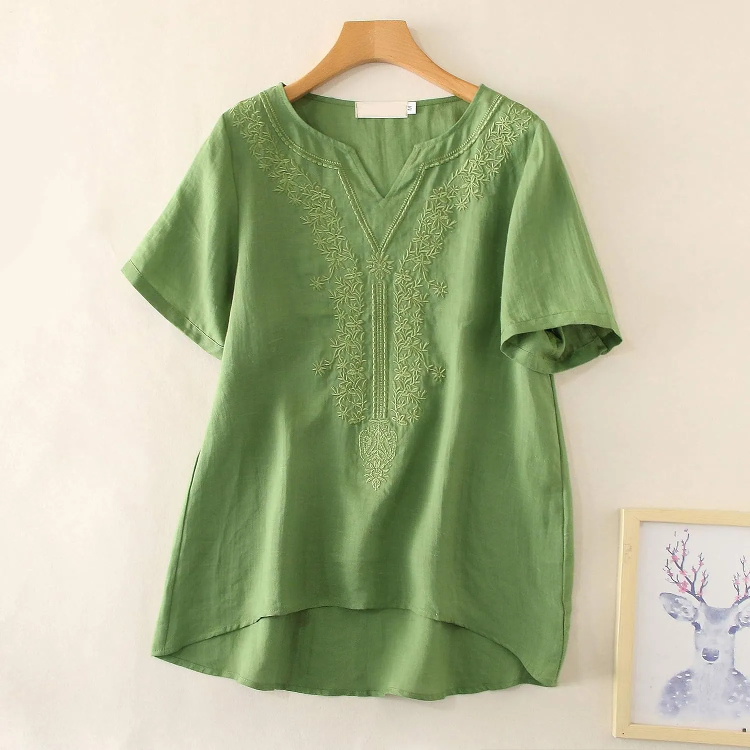 Minibee Women's Linen Shirts Summer Boho Tops Cotton Blouse V Neck Short Sleeve Embroidered Tunic
