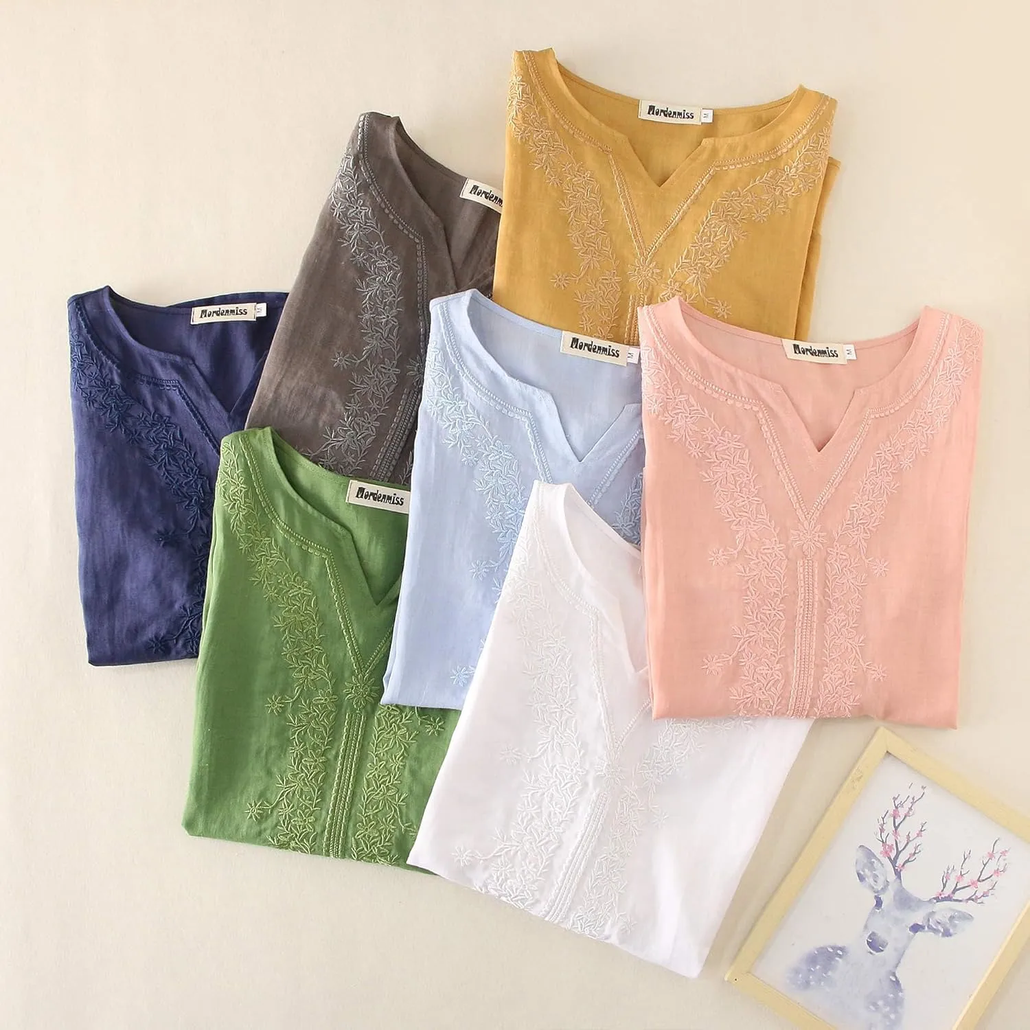 Minibee Women's Linen Shirts Summer Boho Tops Cotton Blouse V Neck Short Sleeve Embroidered Tunic