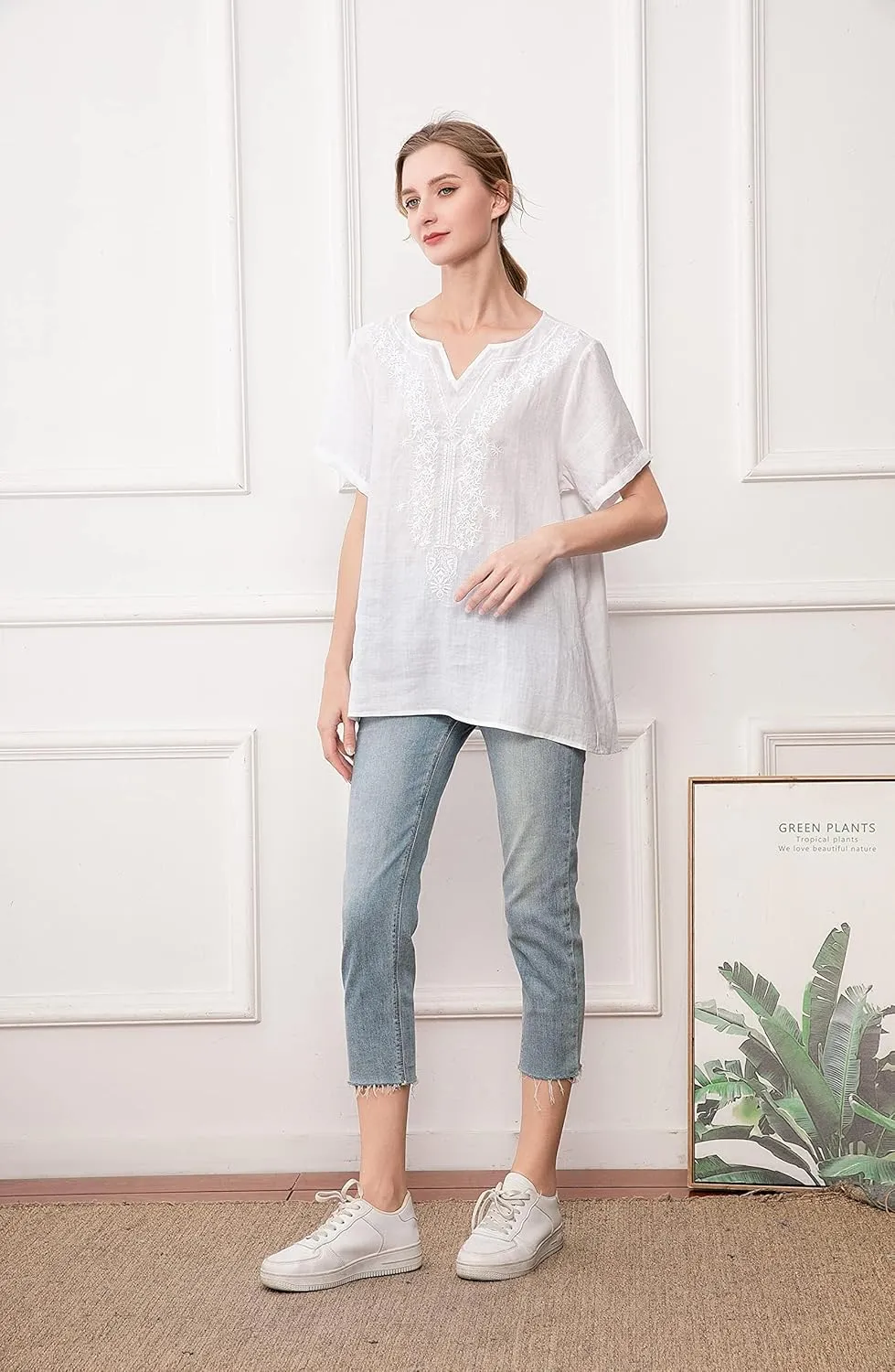 Minibee Women's Linen Shirts Summer Boho Tops Cotton Blouse V Neck Short Sleeve Embroidered Tunic
