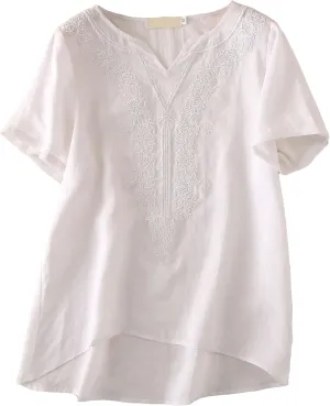 Minibee Women's Linen Shirts Summer Boho Tops Cotton Blouse V Neck Short Sleeve Embroidered Tunic