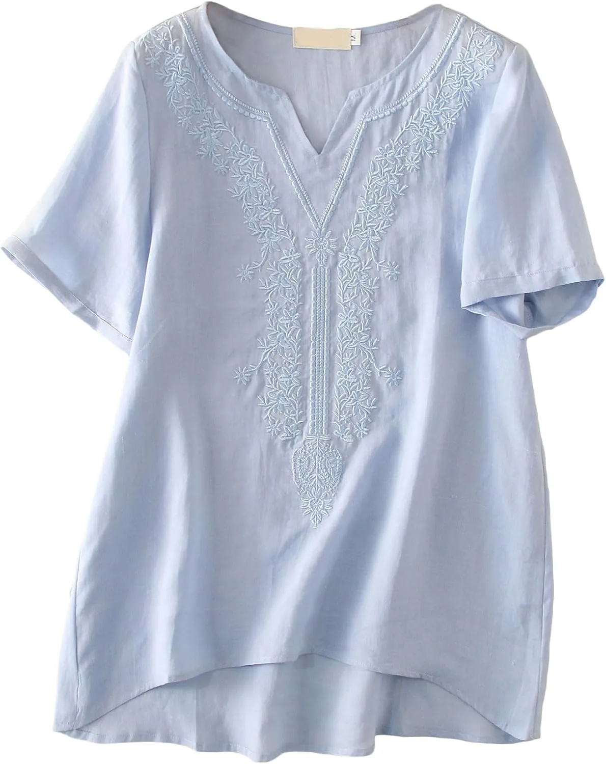 Minibee Women's Linen Shirts Summer Boho Tops Cotton Blouse V Neck Short Sleeve Embroidered Tunic