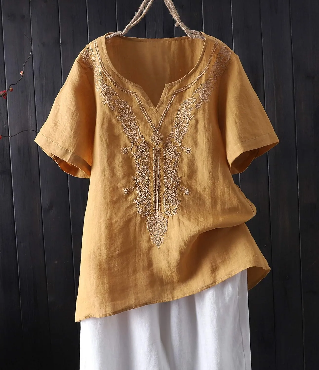 Minibee Women's Linen Shirts Summer Boho Tops Cotton Blouse V Neck Short Sleeve Embroidered Tunic