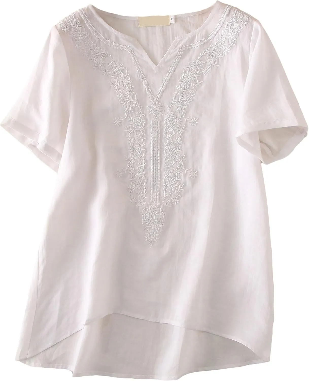 Minibee Women's Linen Shirts Summer Boho Tops Cotton Blouse V Neck Short Sleeve Embroidered Tunic