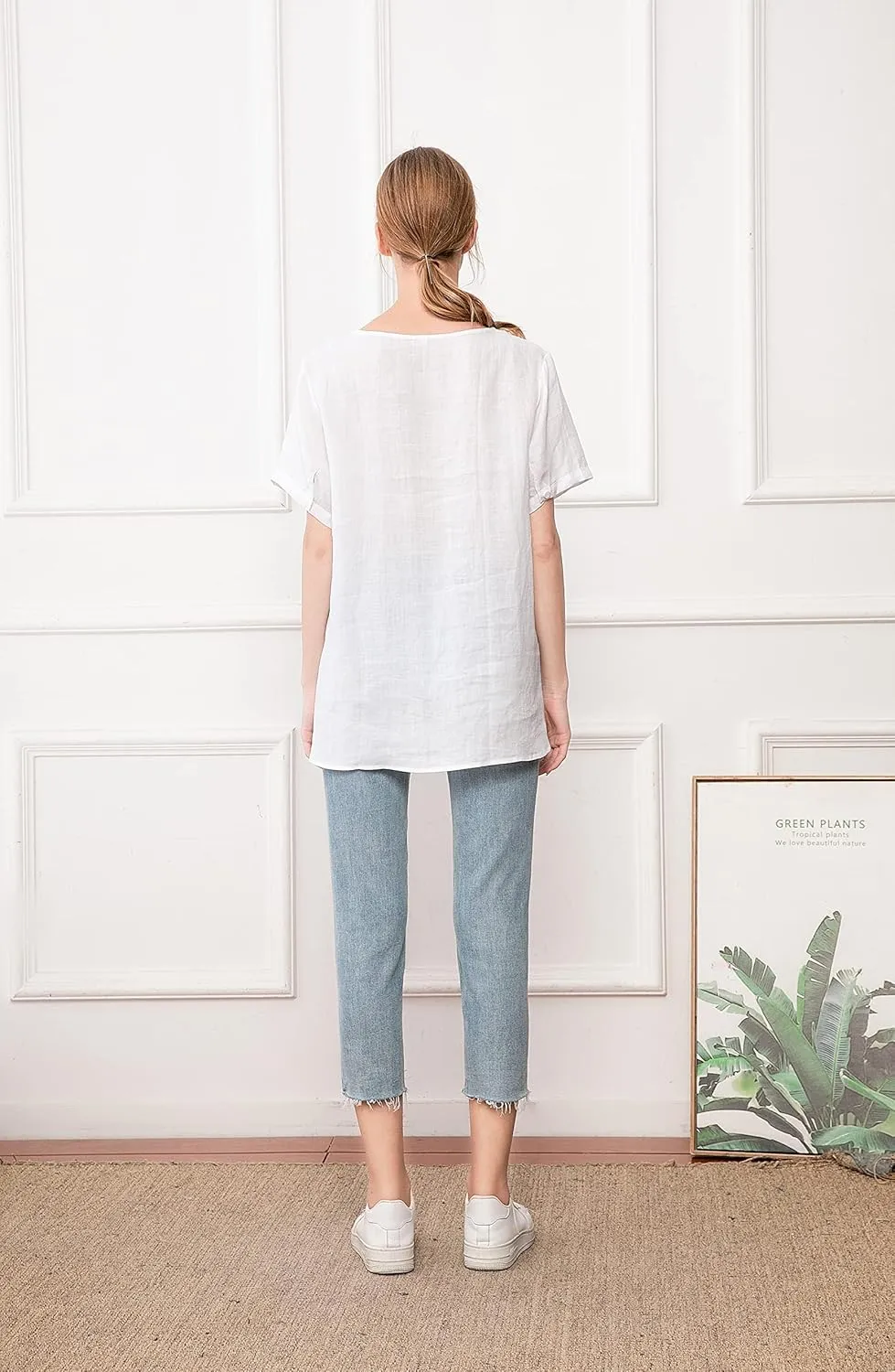 Minibee Women's Linen Shirts Summer Boho Tops Cotton Blouse V Neck Short Sleeve Embroidered Tunic