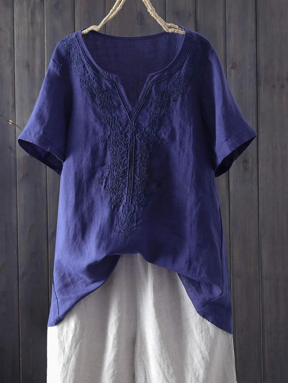 Minibee Women's Linen Shirts Summer Boho Tops Cotton Blouse V Neck Short Sleeve Embroidered Tunic