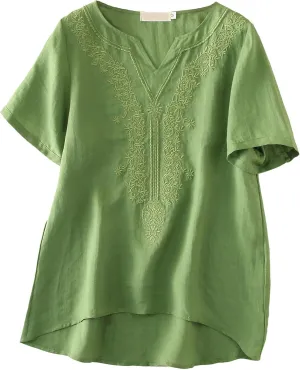 Minibee Women's Linen Shirts Summer Boho Tops Cotton Blouse V Neck Short Sleeve Embroidered Tunic